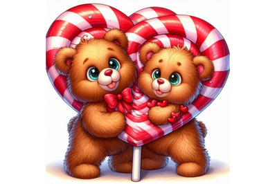 Two teddy bears holding a giant heart-shaped lollipop.