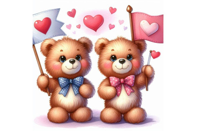 Two teddy bears waving heart-shaped flags.