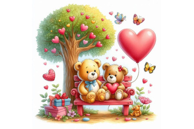 Teddy bears sitting on a heart-shaped bench under a tree.