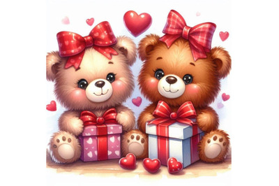 Two teddy bears holding heart-shaped gift boxes.