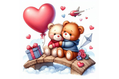 A pair of teddy bears hugging a heart-shaped balloon.