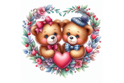 Two teddy bears holding a heart-shaped wreath.