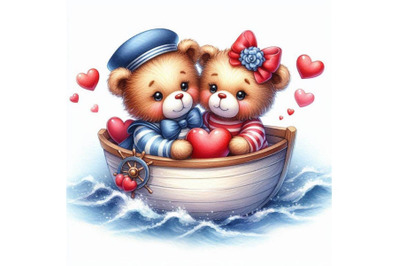 A pair of teddy bears sitting in a heart-shaped boat.