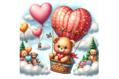 Teddy bears riding a heart-shaped hot air balloon.