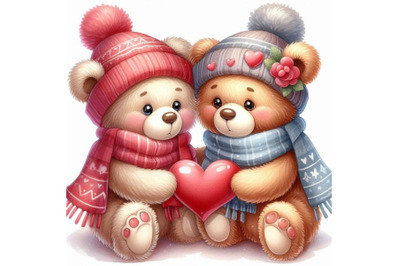 Two teddy bears sharing a heart-shaped scarf.