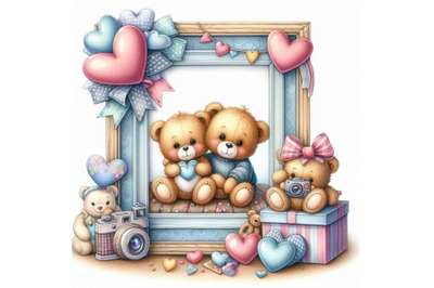 Teddy bears sitting inside a heart-shaped photo frame.