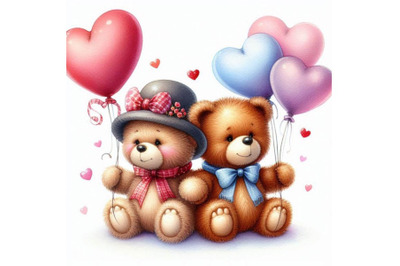 Two teddy bears with heart-shaped balloons tied to their arms.