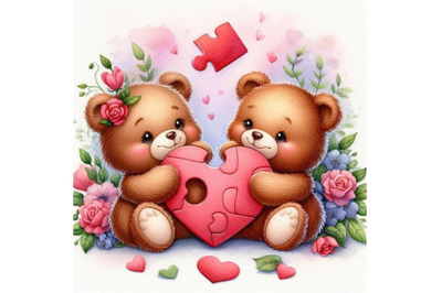 Teddy bears holding a heart-shaped puzzle piece together.