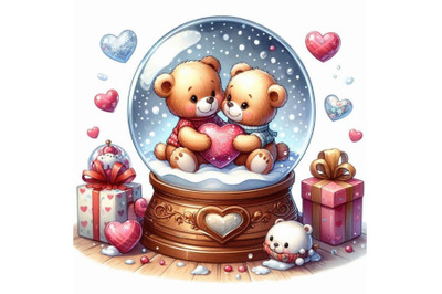 A pair of teddy bears inside a heart-shaped snow globe.