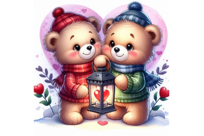 Two teddy bears holding a heart-shaped lantern.