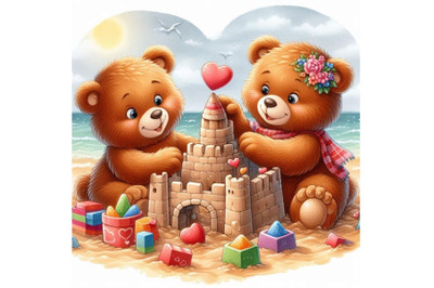 Teddy bears building a heart-shaped sandcastle together.