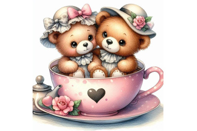 A couple of teddy bears sitting in a heart-shaped teacup.