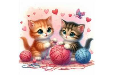 Valentines Day kittens playing with heart-shaped yarn. Watercolor back