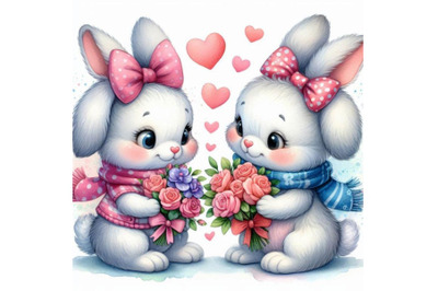 A pair of bunnies exchanging flowers on Valentines Day. Watercolor bac