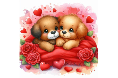 Valentines Day puppies cuddling on a red blanket. Watercolor backgroun