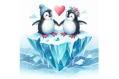 Two penguins holding flippers on a heart-shaped iceberg. Watercolor ba