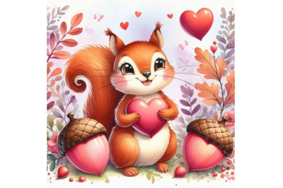 Valentines Day squirrels holding acorns shaped like hearts. Watercolor