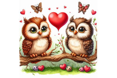 A couple of owls sharing a heart-shaped branch on Valentines Day. Wate