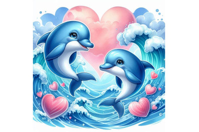 Two dolphins jumping through heart-shaped waves. Watercolor background