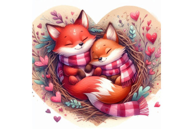 Valentines Day foxes napping together in a cozy burrow. Watercolor bac