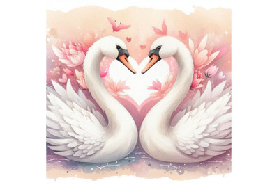 A pair of swans forming a heart with their necks. Watercolor backgroun