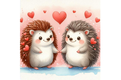 Two hedgehogs holding hands on Valentines Day. Watercolor background.