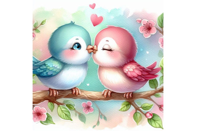 A pair of lovebirds sharing a soft kiss on a tree branch. Watercolor b