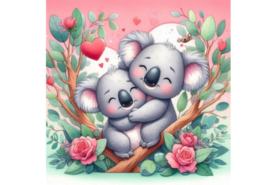 Valentines Day koalas hugging each other in the eucalyptus trees. Wate