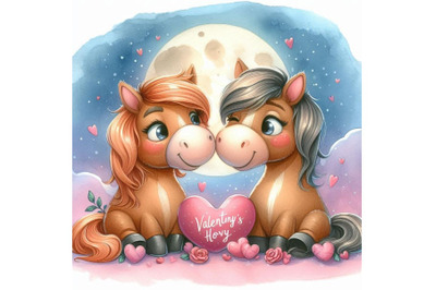 Two horses nuzzling on a romantic Valentines Day evening. Watercolor b