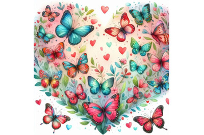 Valentines Day butterflies flying in a heart-shaped pattern. Watercolo