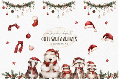 Santa hat animals Christmas watercolor clipart PNG