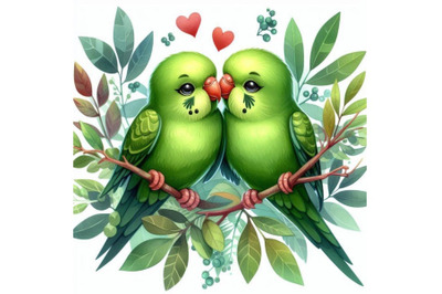 A pair of green parakeets kissing among the leaves.