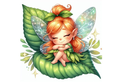 Tiny 2D fairy sitting on a leaf with her sparkling wings