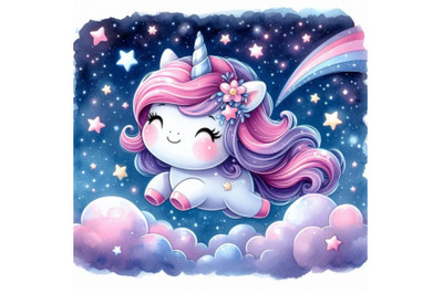 Kawaii 2D unicorn galloping through a starry night with twinkling star