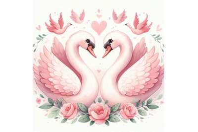 A couple of pastel pink swans forming a heart with their necks.