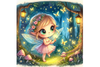 Cute 2D fairy playing with fireflies in a magical forest