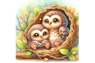 Two cute baby owls snuggled up close in a tree hollow.