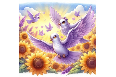 A pair of lavender doves flying through a field of sunflowers.