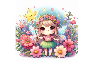 Kawaii 2D fairy holding a sparkling star wand, surrounded by flowers