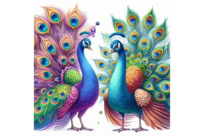 Two colorful peacocks displaying their feathers in unison.