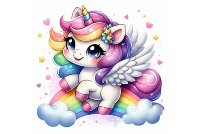 Cute 2D unicorn with fluffy wings and a rainbow tail