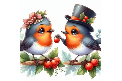 A couple of sweet robins exchanging a berry.