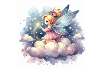 Tiny 2D fairy floating on a cloud, sprinkling magical dust