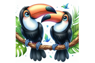 Two playful toucans touching beaks on a tropical branch.