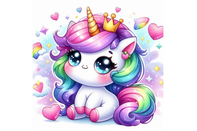 Kawaii 2D unicorn with a shimmering mane and a tiny crown