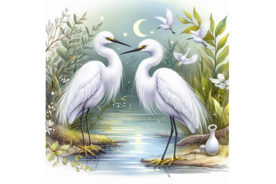 A pair of snowy white egrets standing elegantly by a pond.