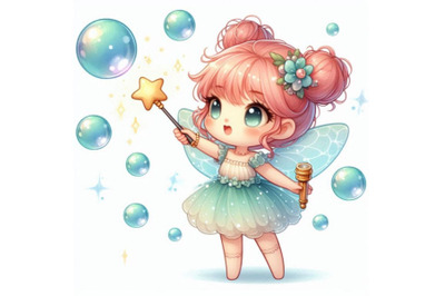 Cute 2D fairy blowing sparkling bubbles with a wand