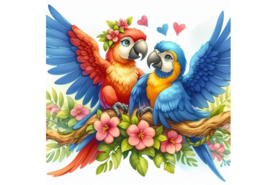 Two cheerful macaws sharing a playful moment in flight.