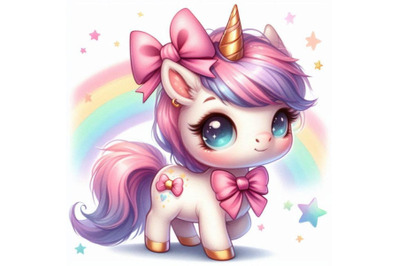 Adorable 2D unicorn with a bow on its horn and pastel-colored fur