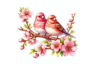 A couple of rosy finches perched on a branch with blooming flowers.